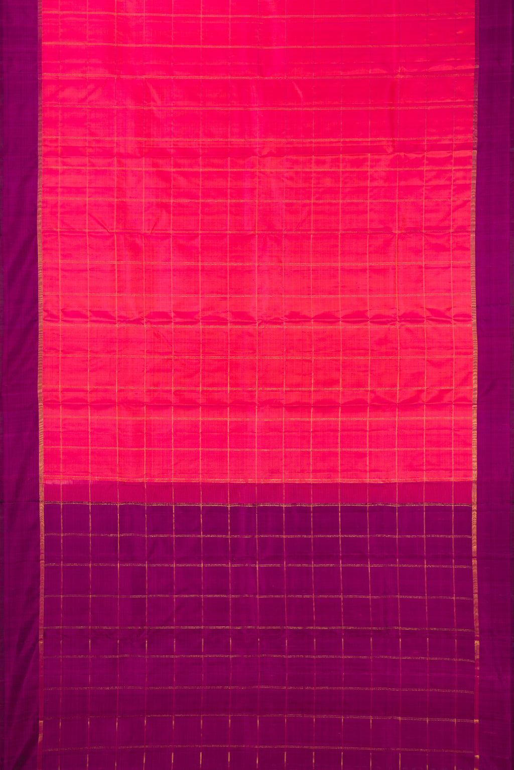 Flat view of Pure Silk Coral Kanchipuram Saree with Checked design on the body and Plain Border. 