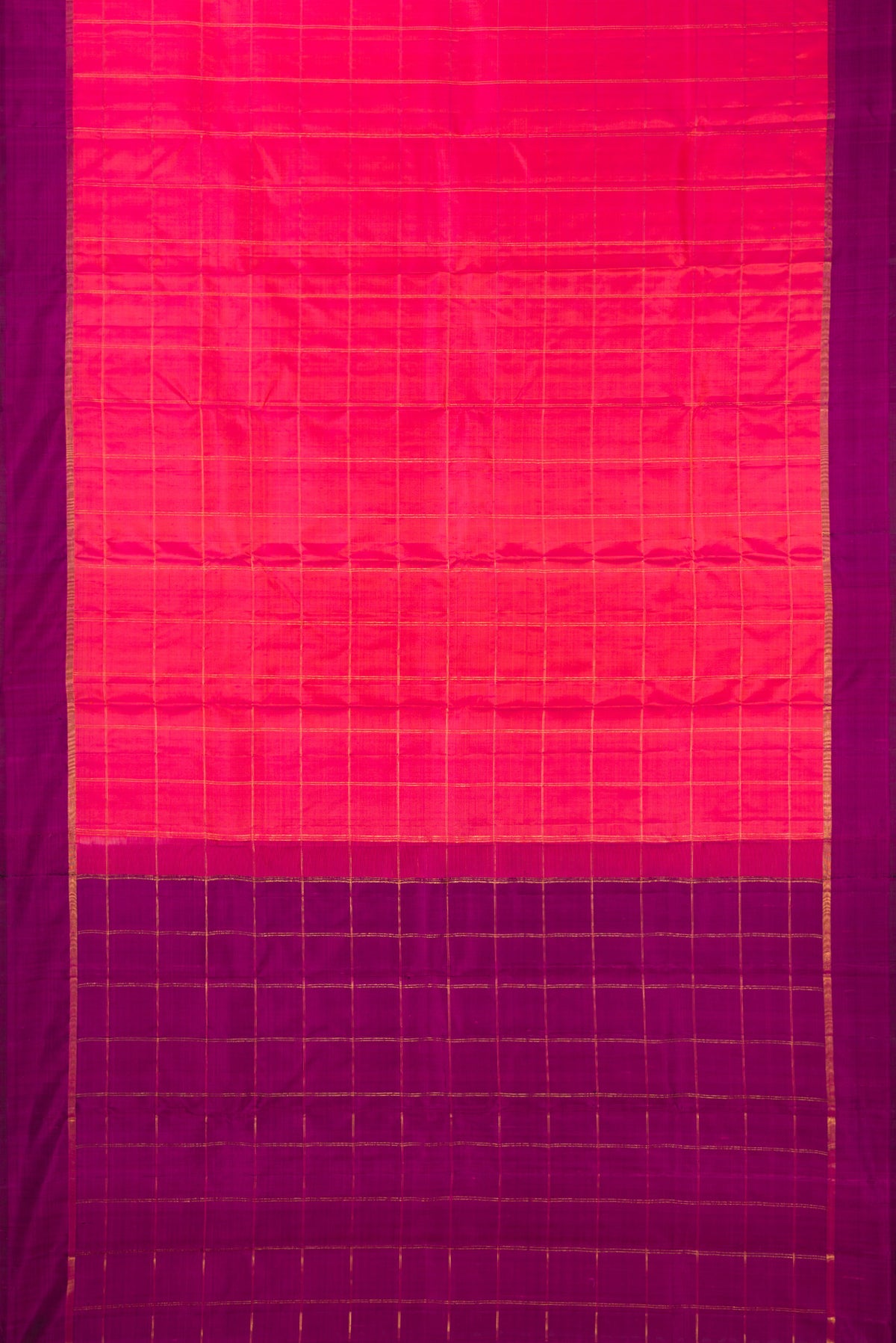 Flat view of Pure Silk Coral Kanchipuram Saree with Checked design on the body and Plain Border. 