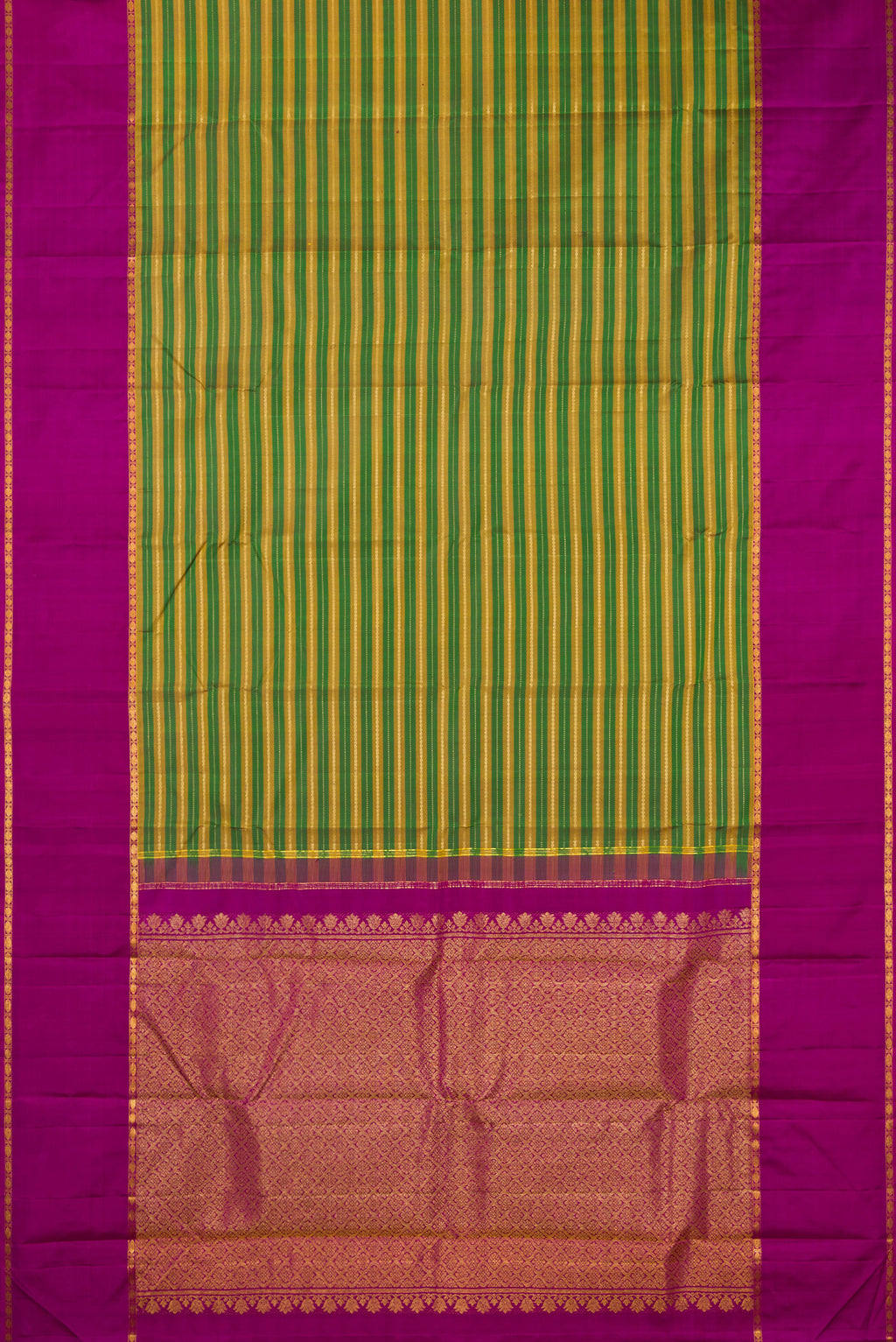 Flat view of Pure Silk Green Kanchipuram Saree with Stripes on the body and Zari Border. 
