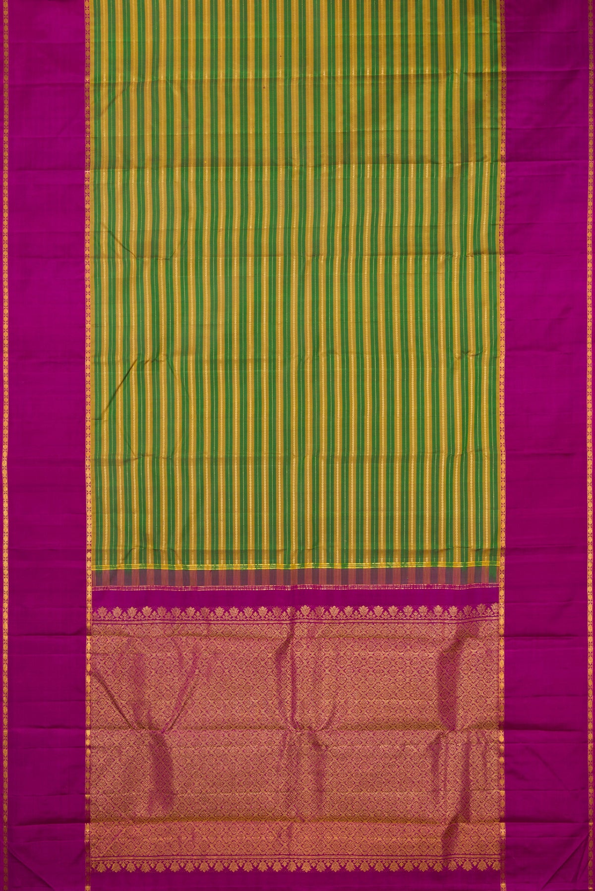Flat view of Pure Silk Green Kanchipuram Saree with Stripes on the body and Zari Border. 
