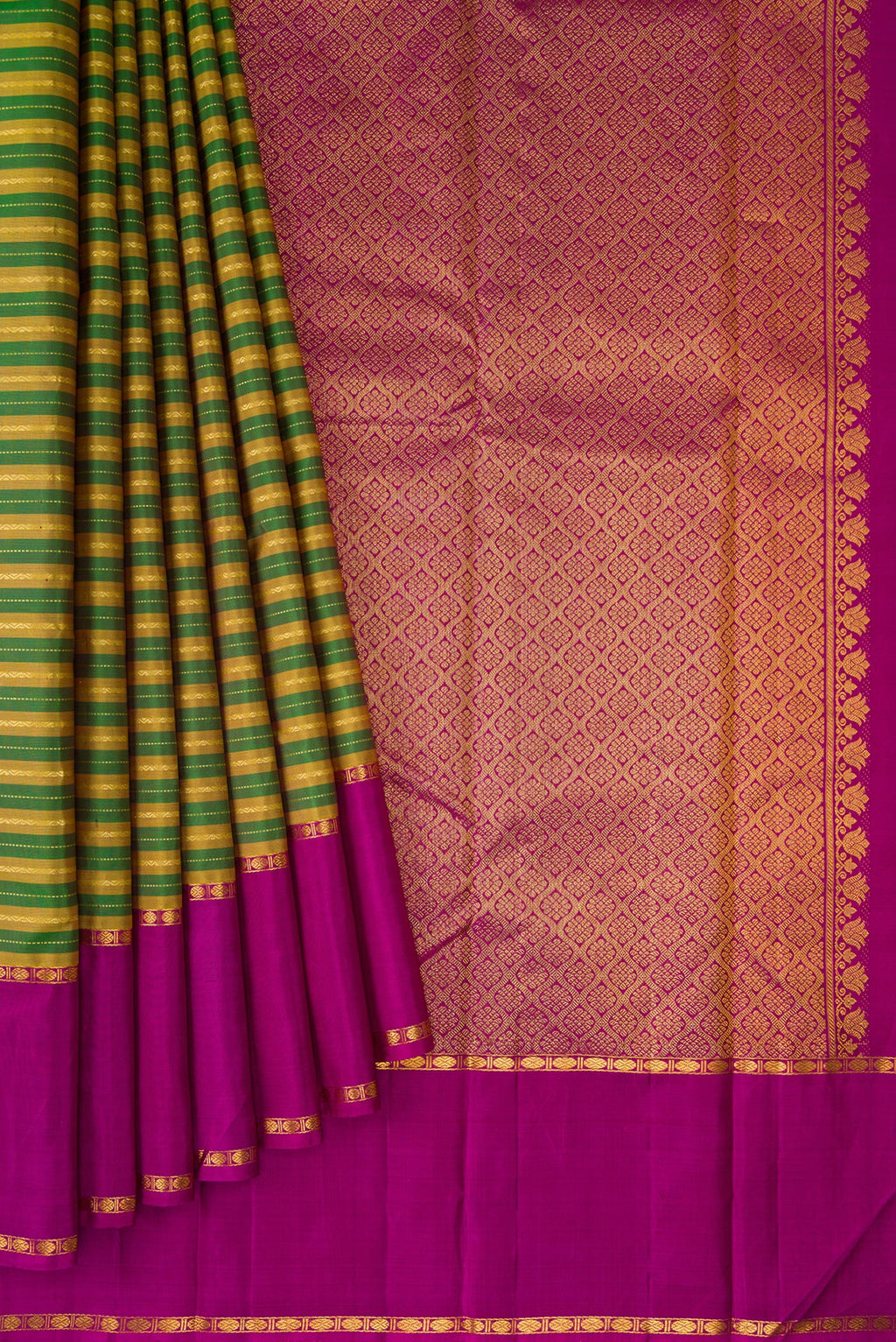 Pleats and pallu of Pure Silk Green Kanchipuram Saree with Stripes on the body and Zari Border. 