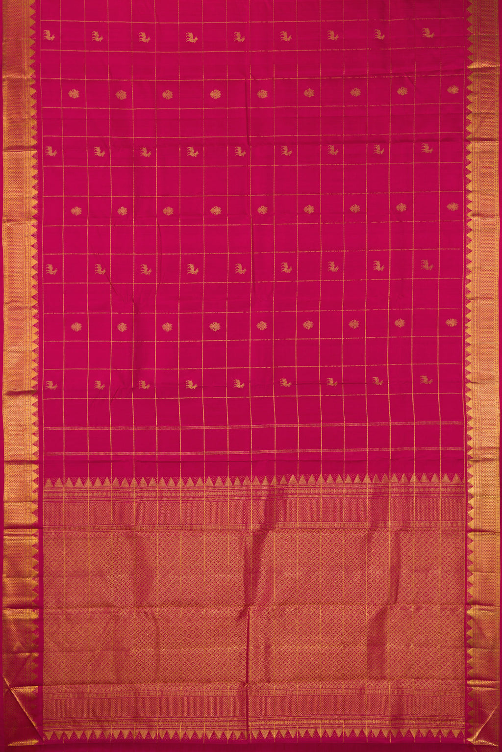 Flat view of Pure Silk Dark Pink Kanjivaram Saree with Checked design on the body and Zari Border. 