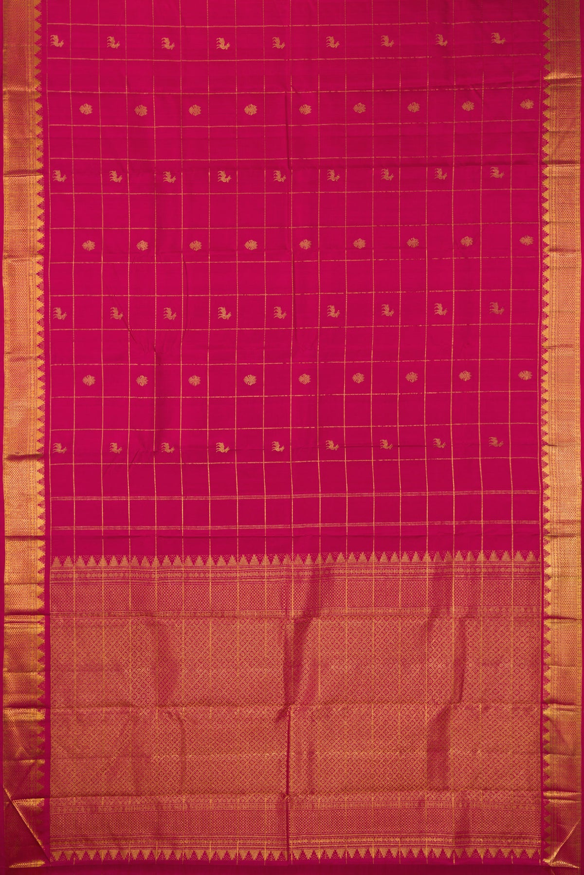 Flat view of Pure Silk Dark Pink Kanjivaram Saree with Checked design on the body and Zari Border. 
