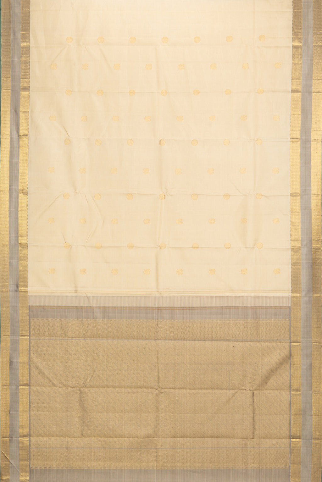 Flat view of Pure Silk Beige Kanjivaram Saree with Zari Butta on the body and Zari Border. 