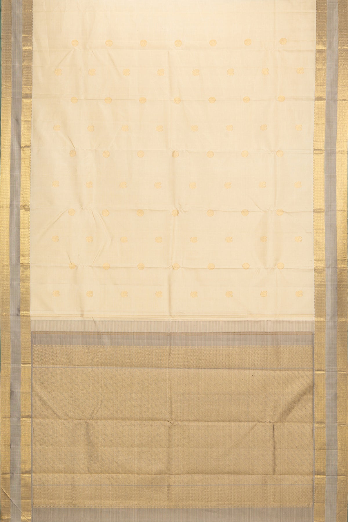 Flat view of Pure Silk Beige Kanjivaram Saree with Zari Butta on the body and Zari Border. 