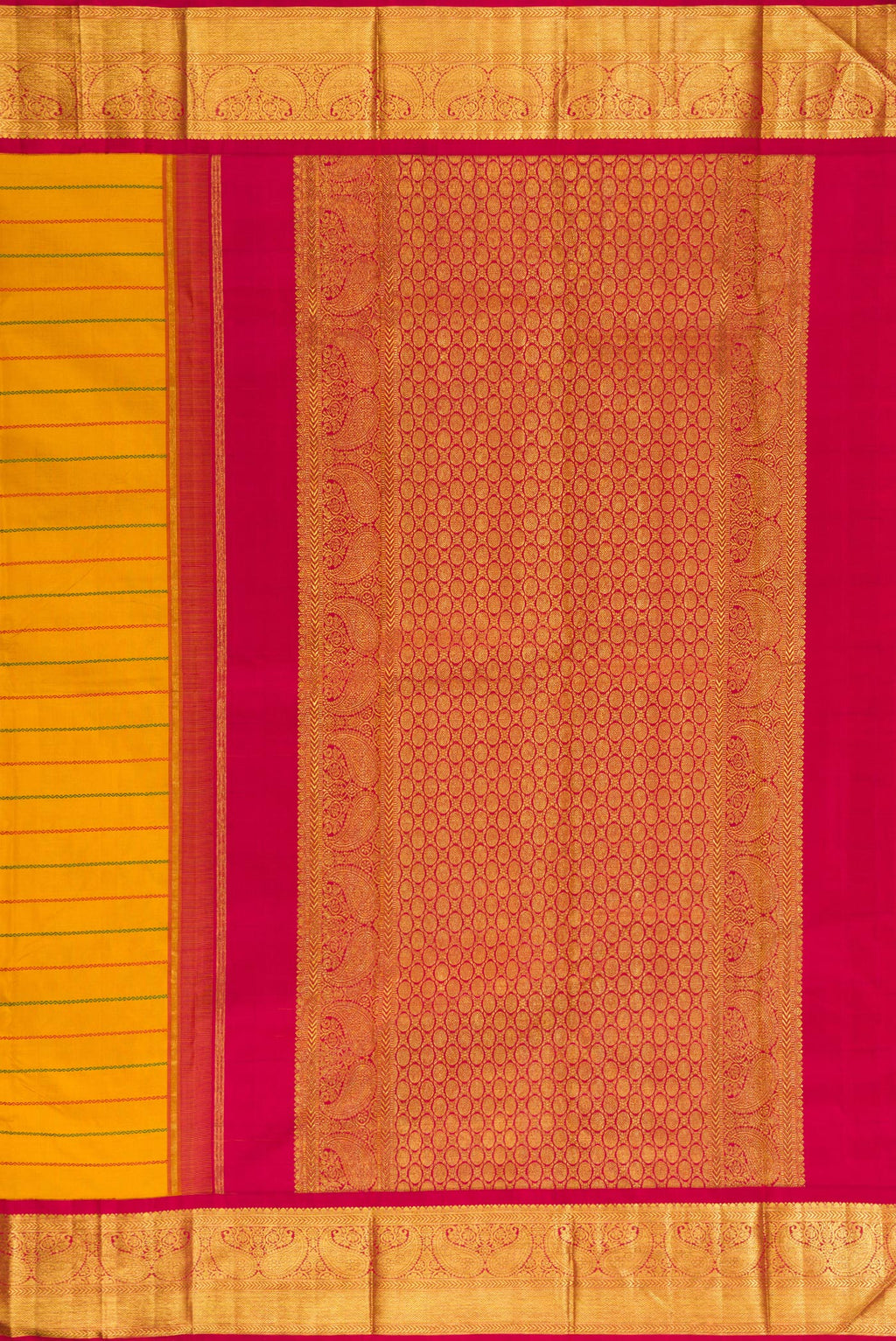 Close up image of the pallu of Pure Silk Mustard Kanjivaram Saree with Veldhari on the body and Zari Border. 