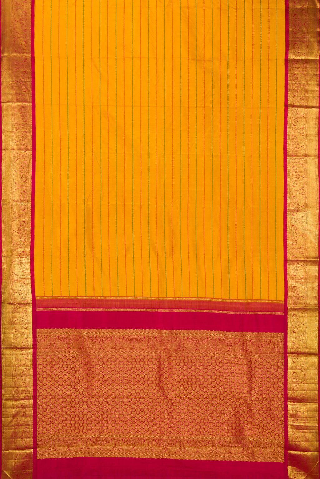 Flat view of Pure Silk Mustard Kanjivaram Saree with Veldhari on the body and Zari Border. 