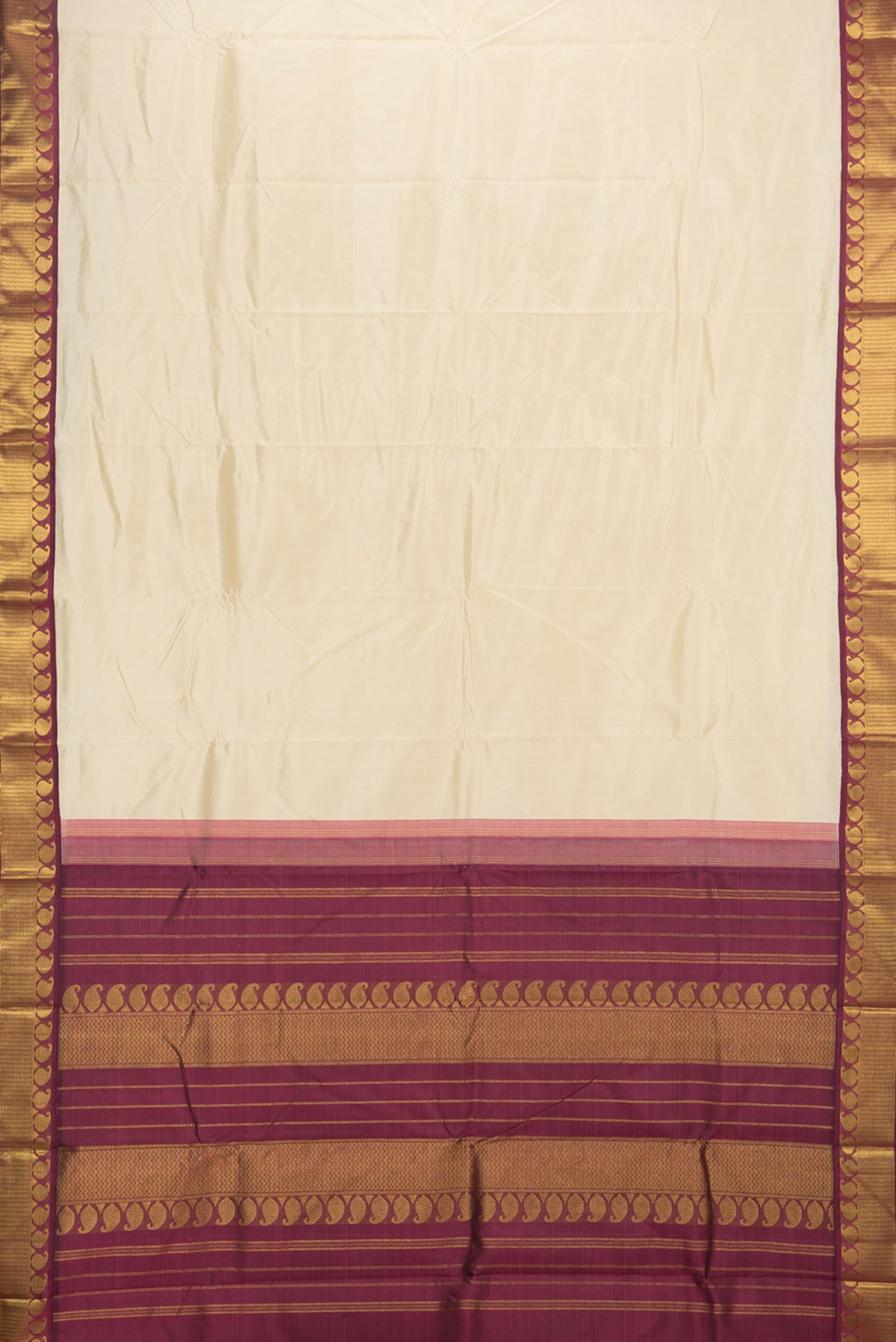 Flat view of Pure Silk Sandal Kanjivaram Saree with Plain Body and Zari Border. 