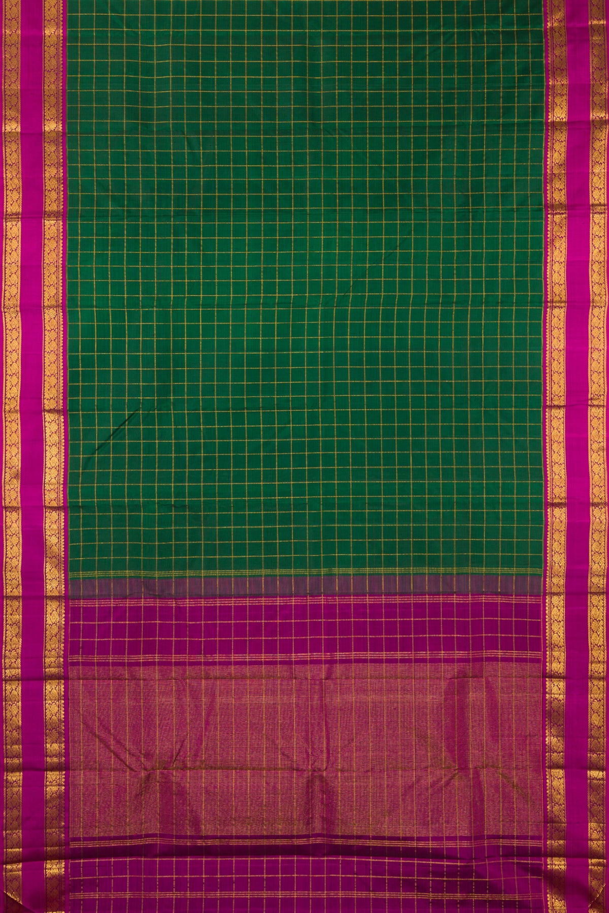 Flat view of Pure Silk Bottle Green Kanchipuram Saree with Checked design on the body and Zari Border. 