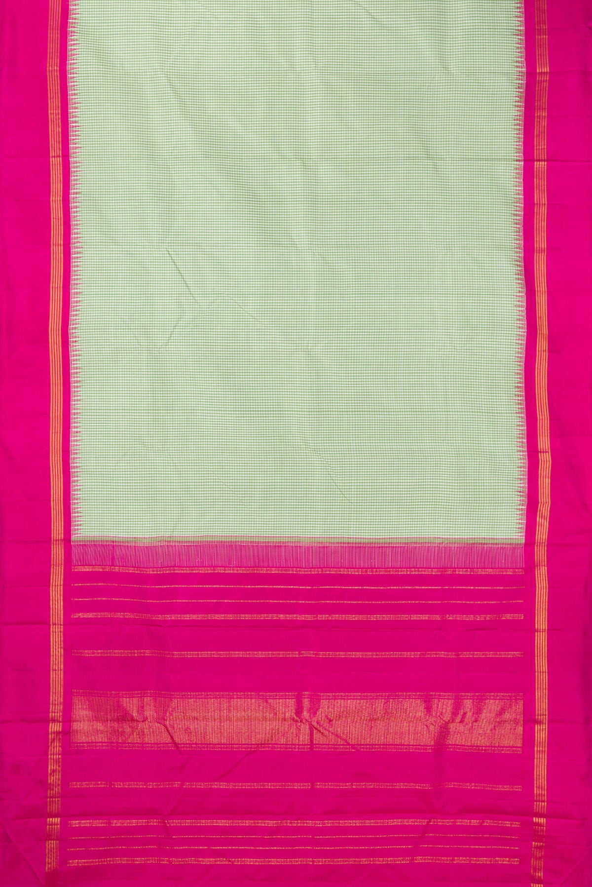 Flat view of Pure Silk Pista Green Dual Tone Kanjivaram Saree with Checked design on the body and Temple Border. 