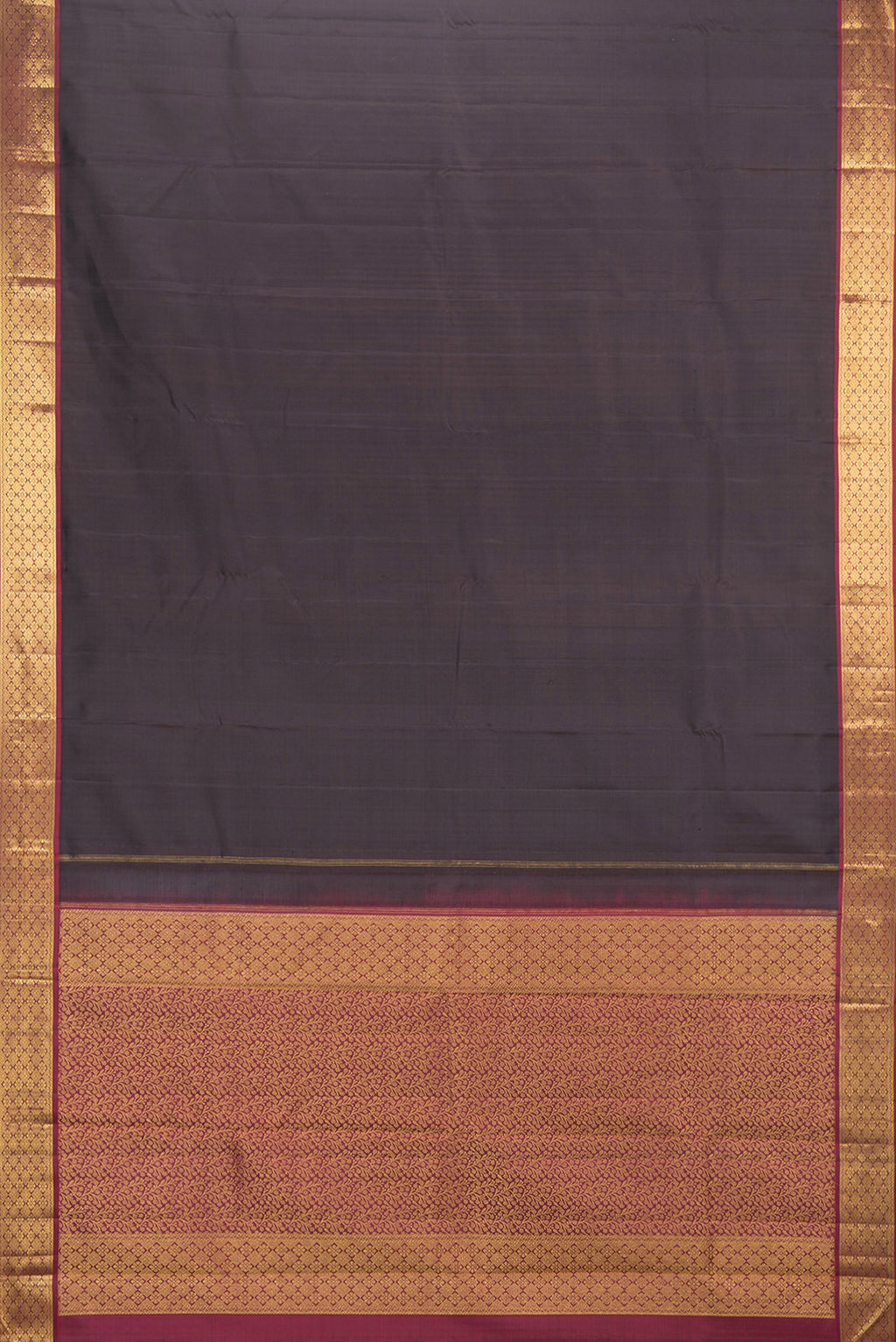Flat view of Pure Silk Brown Kanchipuram Saree with Plain Body and Zari Border. 