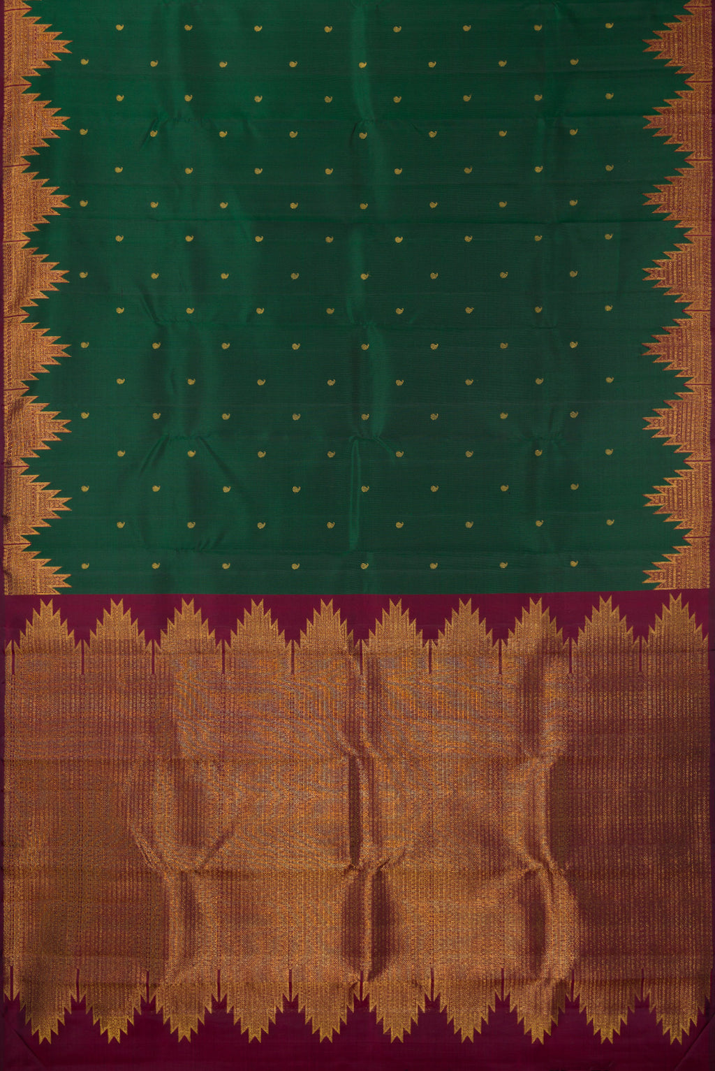 Flat view of Pure Silk Bottle Green Kanchipuram Saree with Zari Butta on the body and Temple Border. 