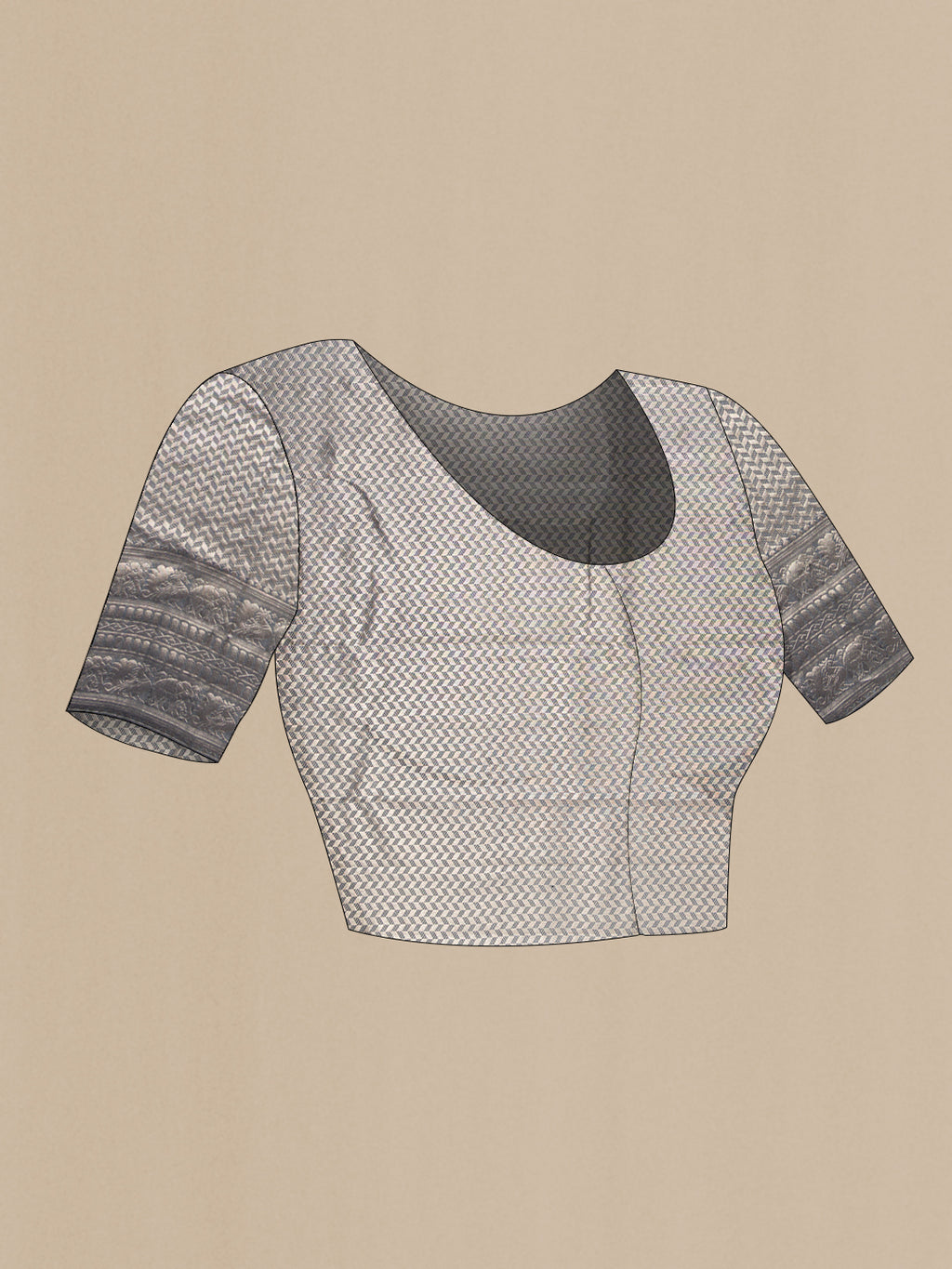 Close up image of the blouse of Grey Kanchipuram Tissue Saree with Zari Brocade on the body and Fancy Border. 