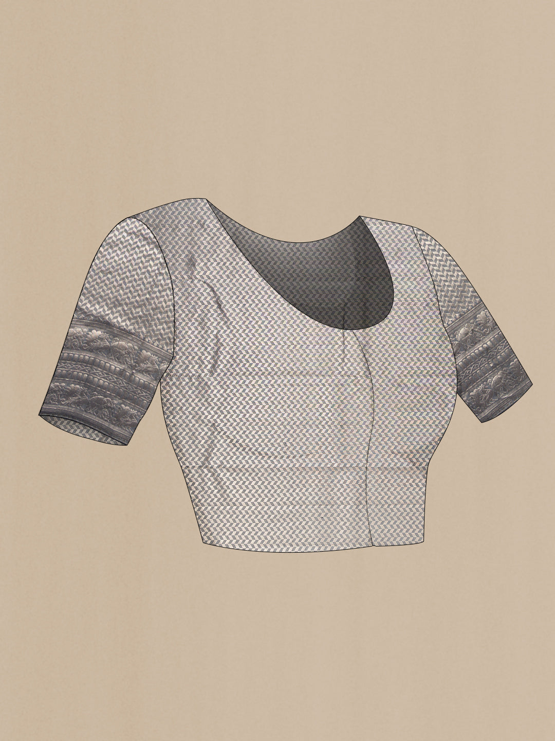 Close up image of the blouse of Grey Kanchipuram Tissue Saree with Zari Brocade on the body and Fancy Border. 