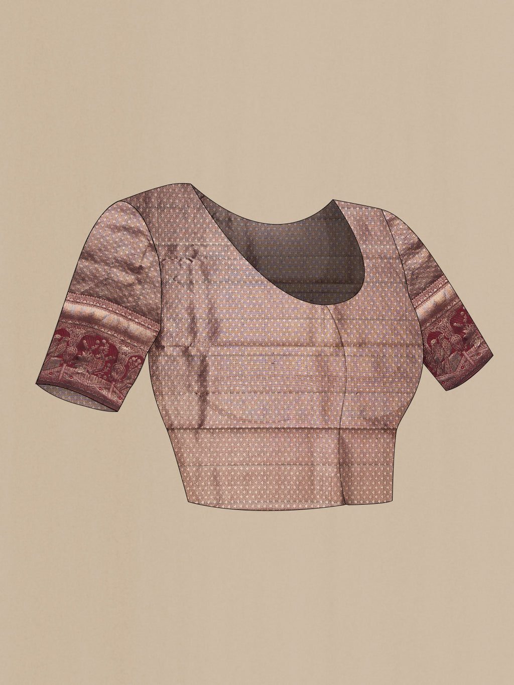 Close up image of the blouse of Maroon Dual Tone Kanchipuram Tissue Saree with Zari Brocade on the body and Fancy Border. 