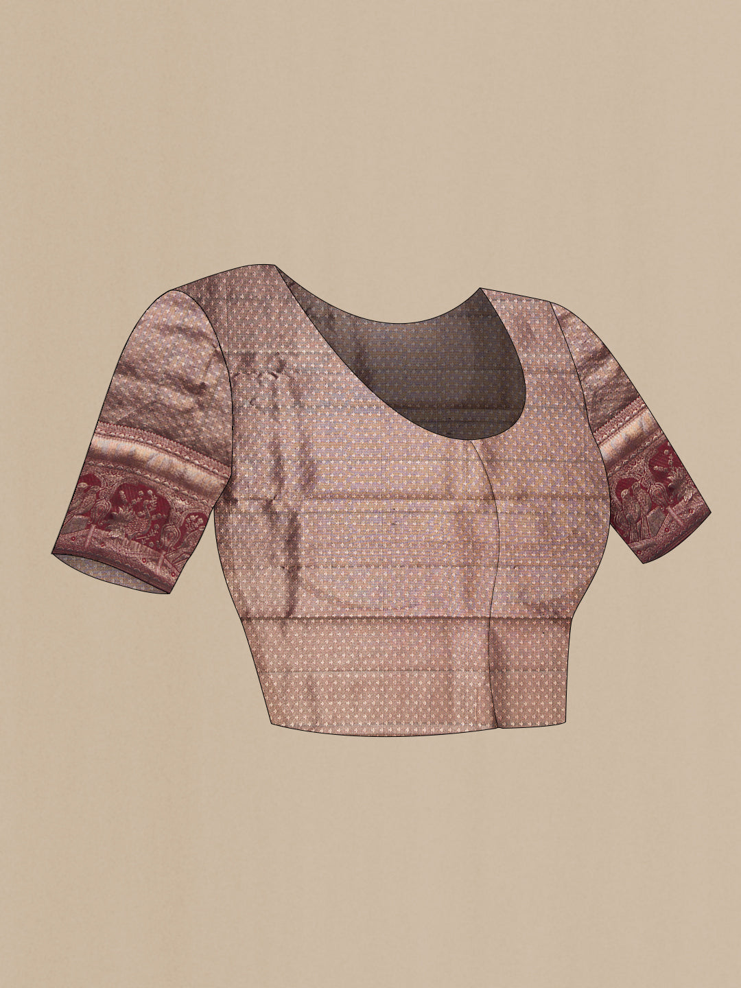 Close up image of the blouse of Maroon Dual Tone Kanchipuram Tissue Saree with Zari Brocade on the body and Fancy Border. 