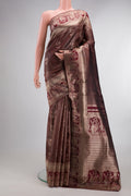 Maroon Dual Tone Kanchipuram Tissue Saree with Zari Brocade on the body and Fancy Border.  displayed on a mannequin