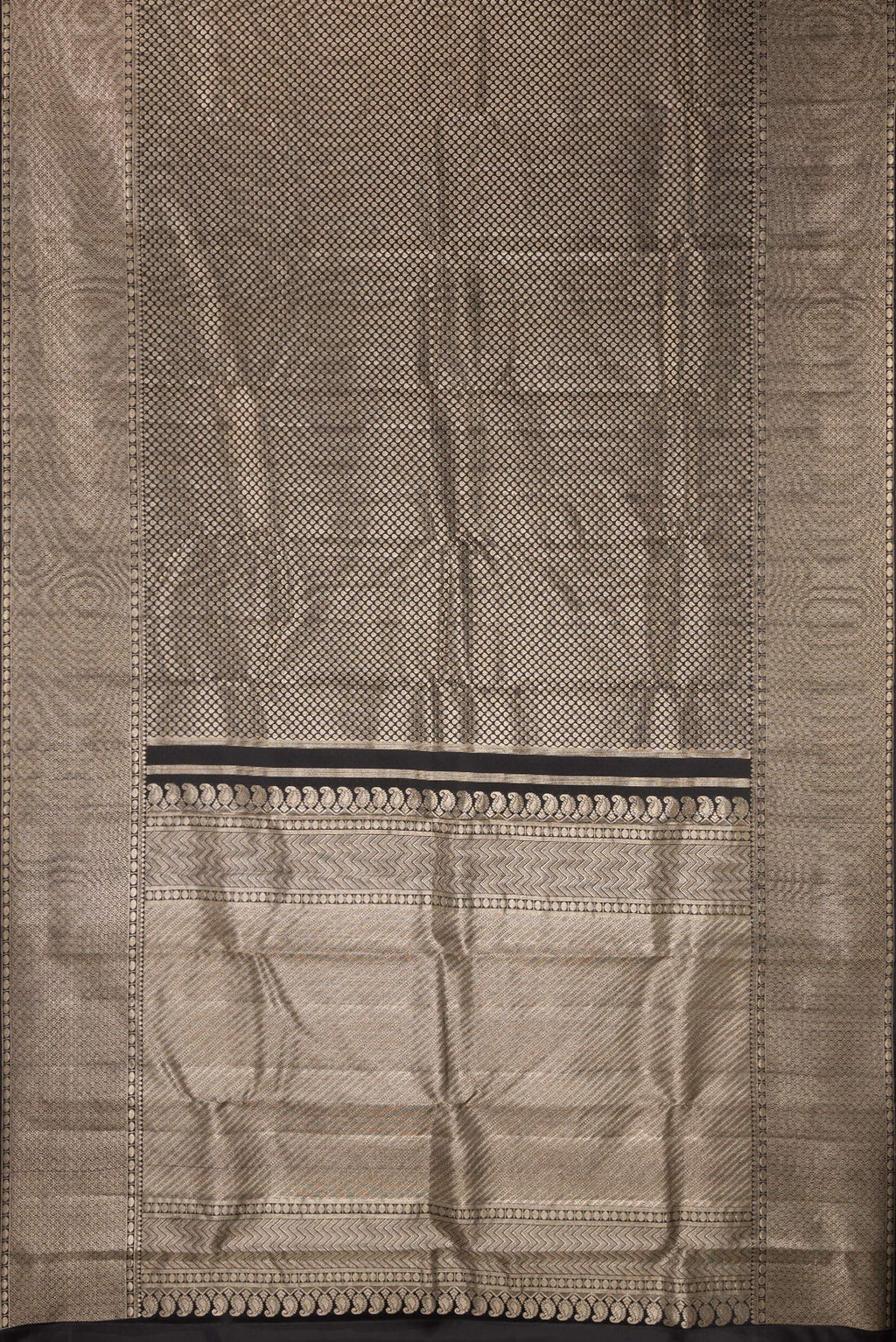 Flat view of Black Dual Tone Kanchipuram Tissue Saree with Zari Brocade on the body and Zari Border. 