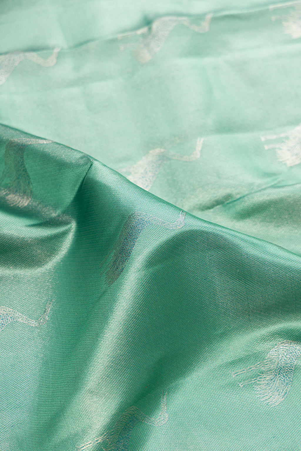 Close up of Sea Green Dual Tone Kanchipuram Tissue Saree with Zari Brocade on the body and Fancy Border.  displaying folds