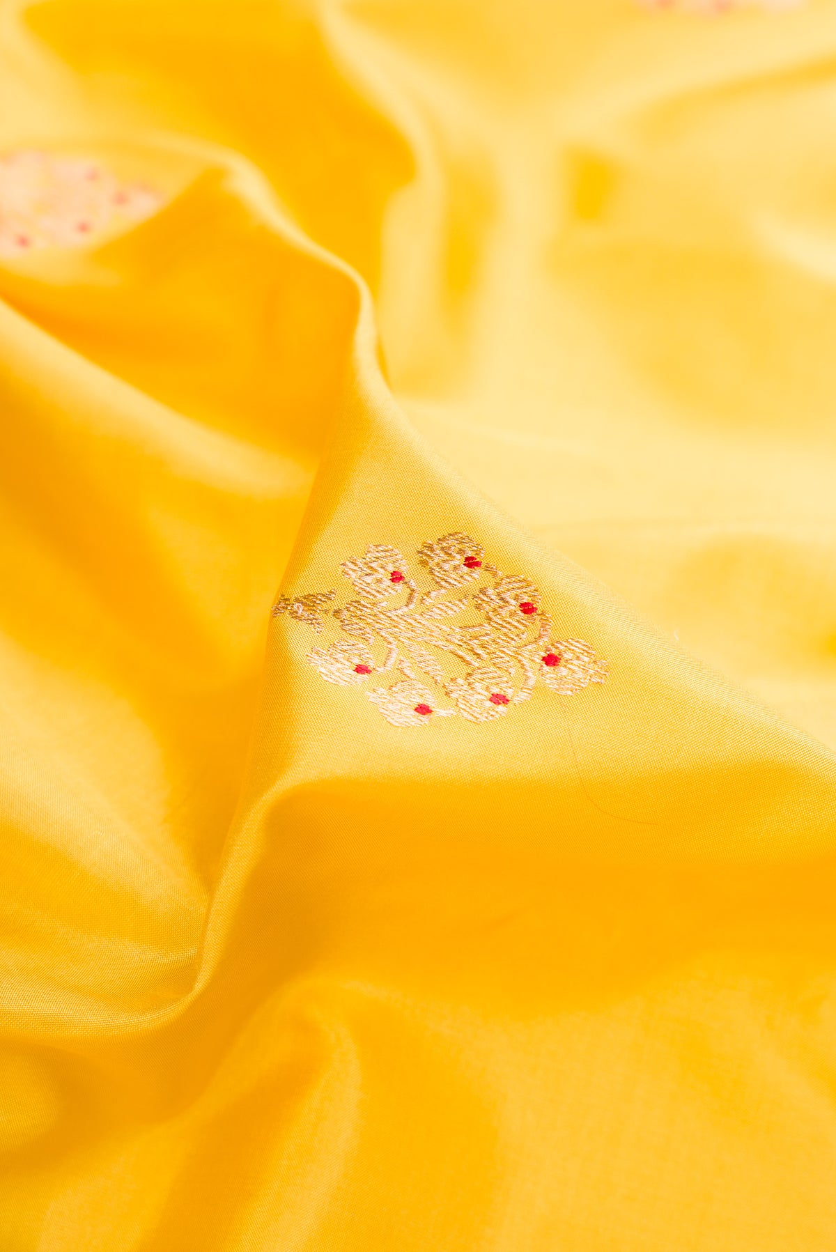 Close up of Pure Silk Yellow Banarasi Saree with Zari Butta on the body and Zari Border.  displaying folds