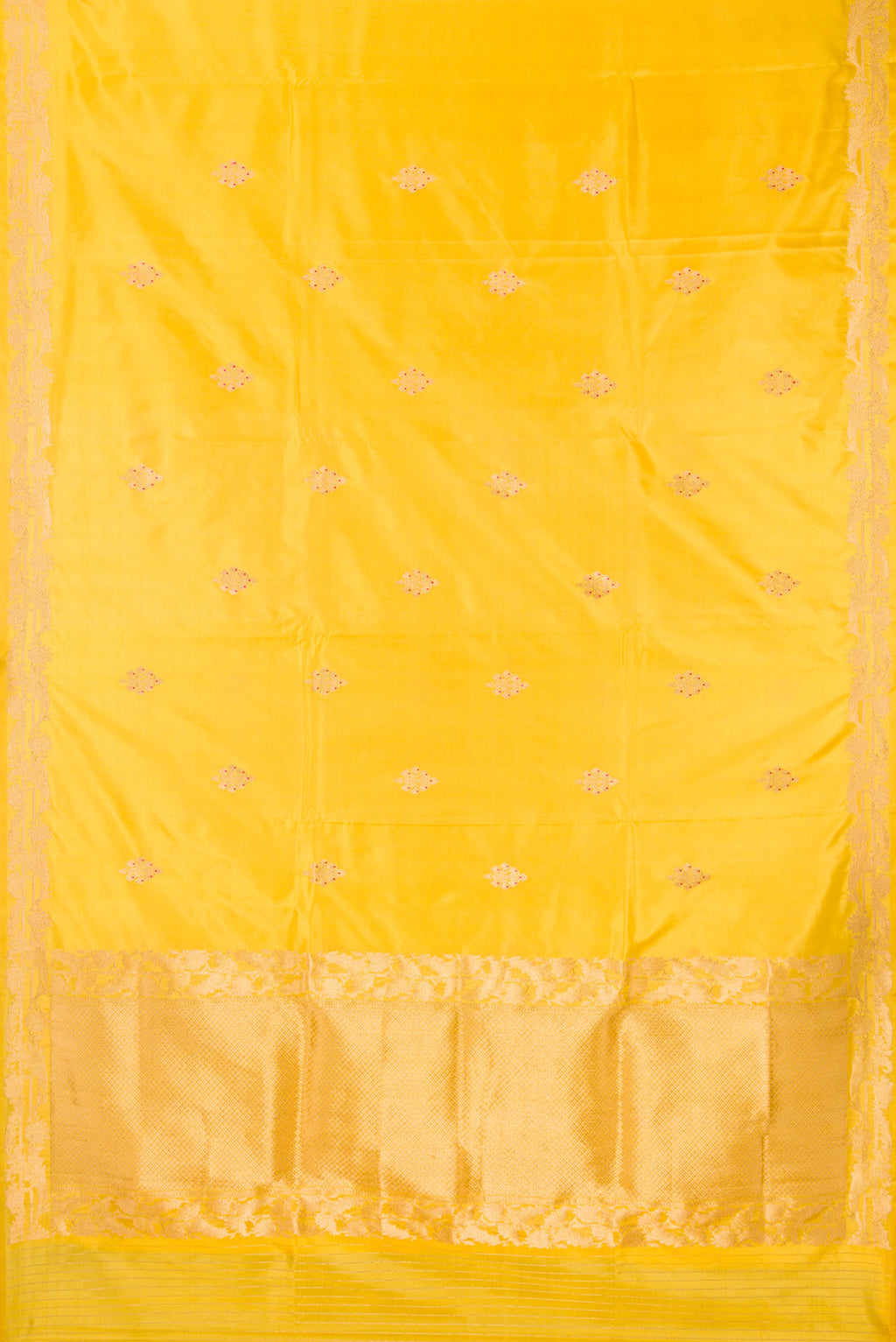 Flat view of Pure Silk Yellow Banarasi Saree with Zari Butta on the body and Zari Border. 