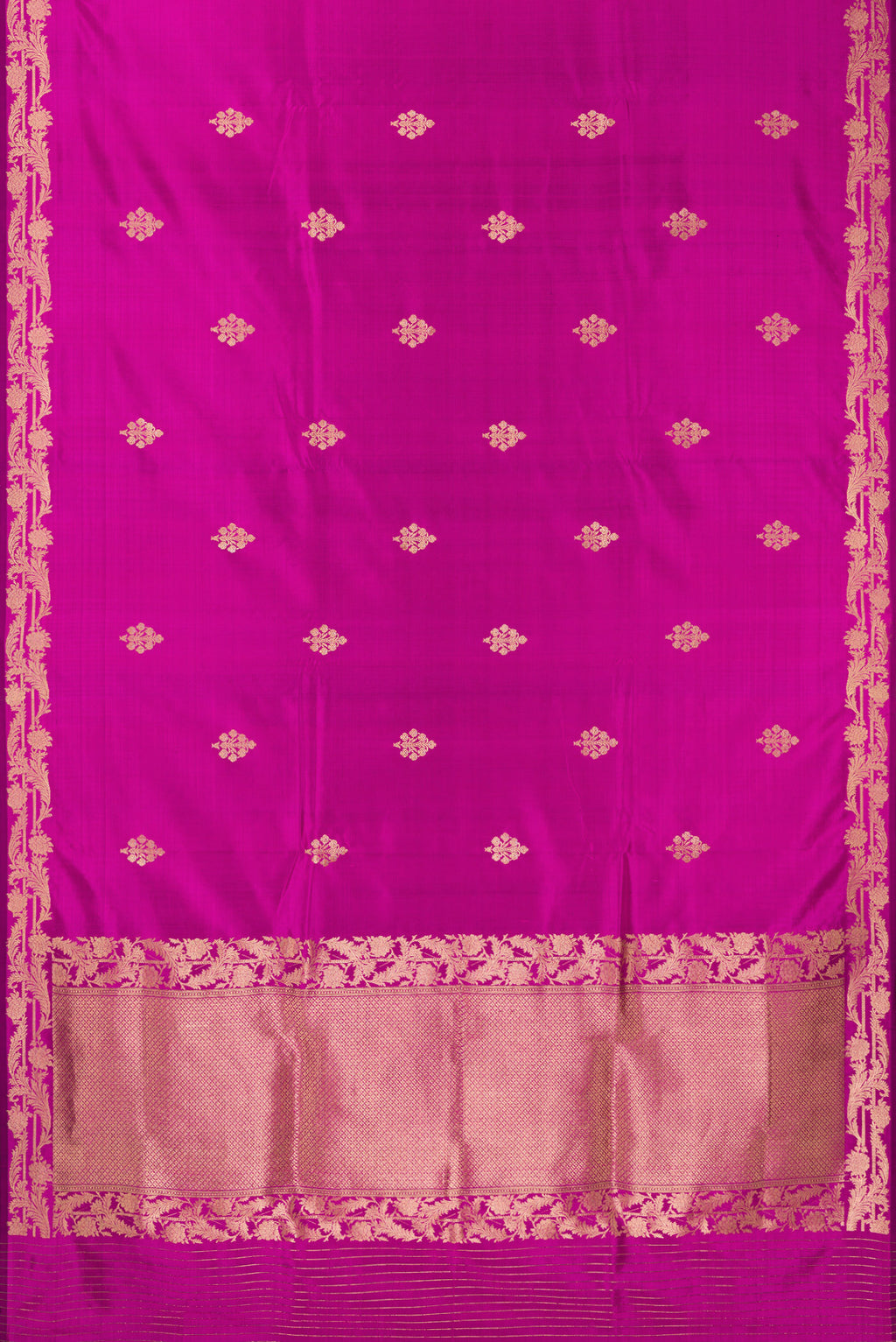Flat view of Pure Silk Rani Pink Banarasi Saree with Zari Butta on the body and Zari Border. 