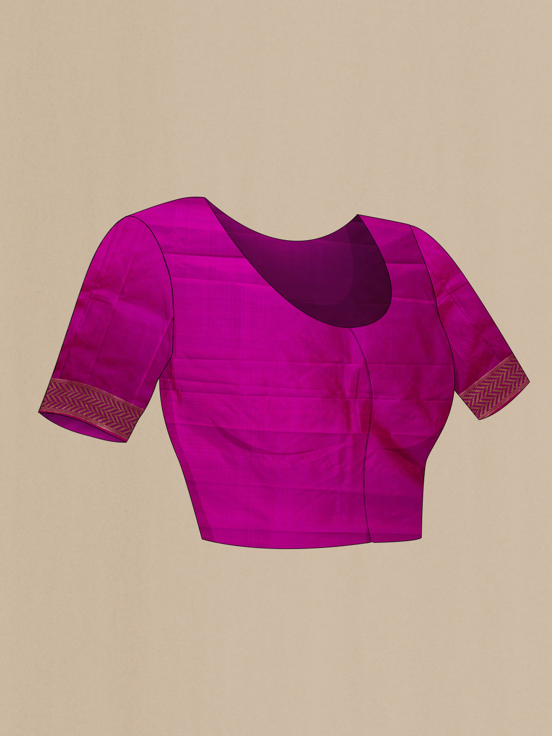 Close up image of the blouse of Pure Silk Magenta Banarasi Saree with Zari Butta on the body and Zari Border. 