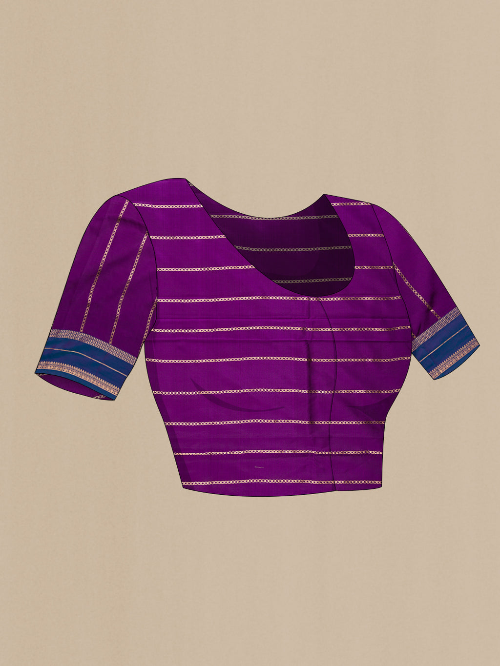 Close up image of the blouse of Pure Silk Violet Banarasi Saree with Zari And Thread Butta on the body and Zari Border. 