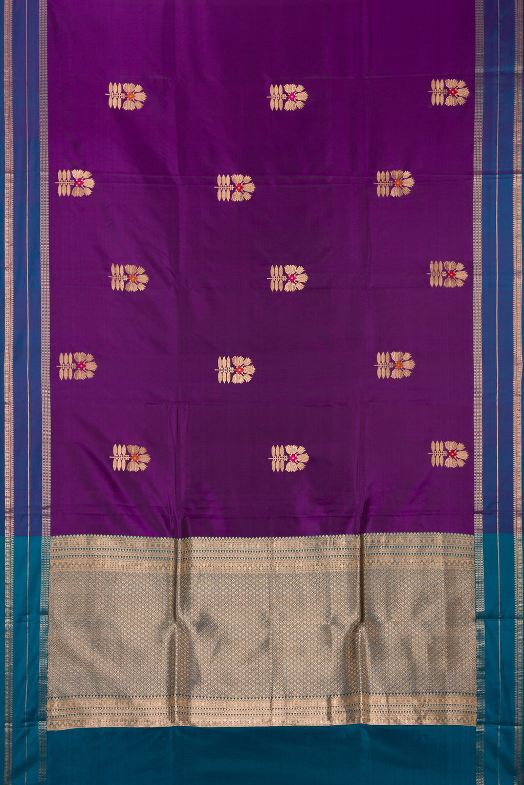 Flat view of Pure Silk Violet Banarasi Saree with Zari And Thread Butta on the body and Zari Border. 