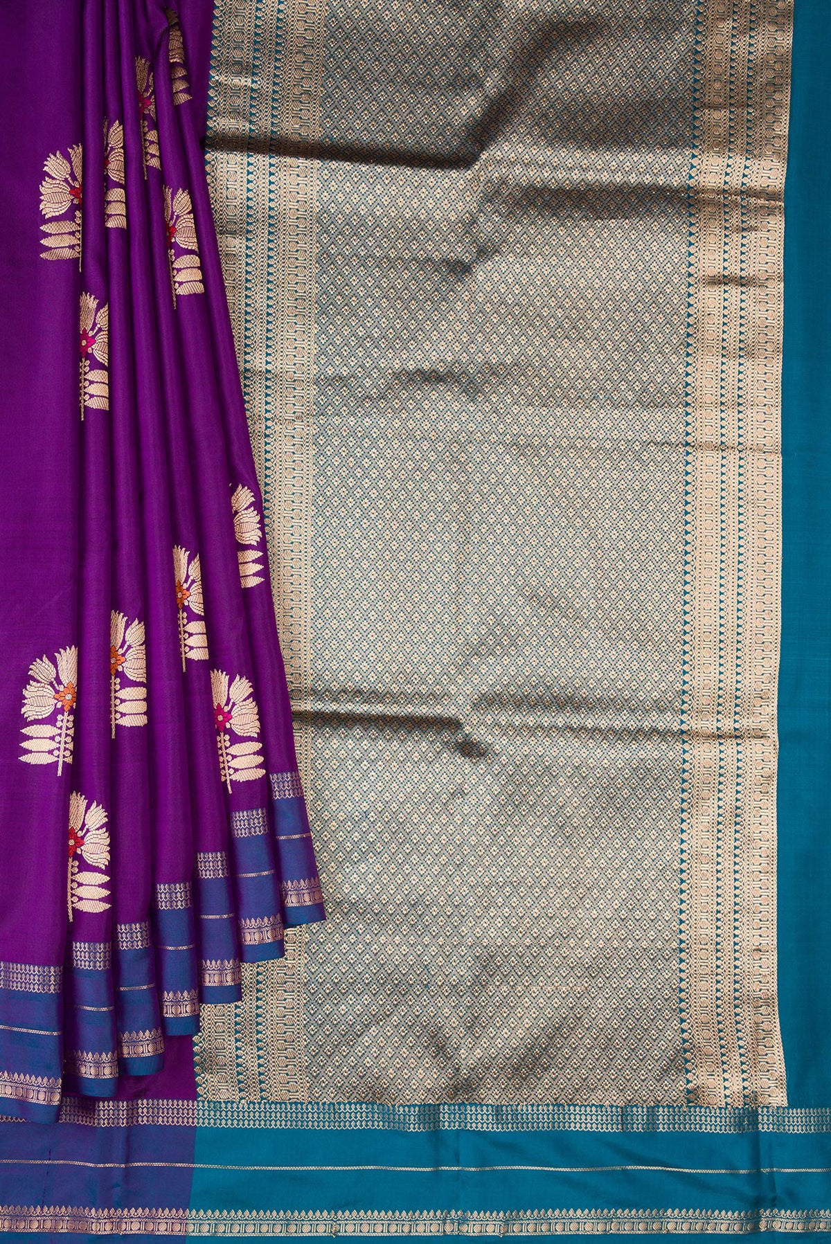 Pleats and pallu of Pure Silk Violet Banarasi Saree with Zari And Thread Butta on the body and Zari Border. 