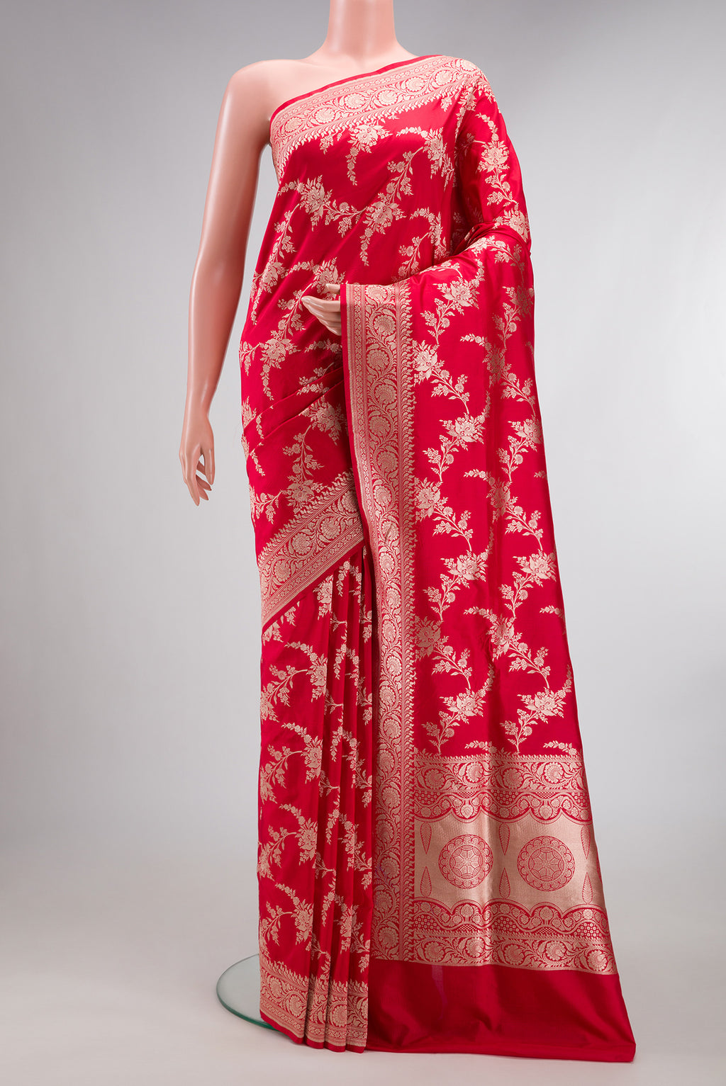 Pure Silk Red Dual Tone Banarasi Saree with Zari Brocade on the body and Zari Border.  displayed on a mannequin