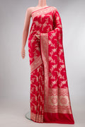 Pure Silk Red Dual Tone Banarasi Saree with Zari Brocade on the body and Zari Border.  displayed on a mannequin