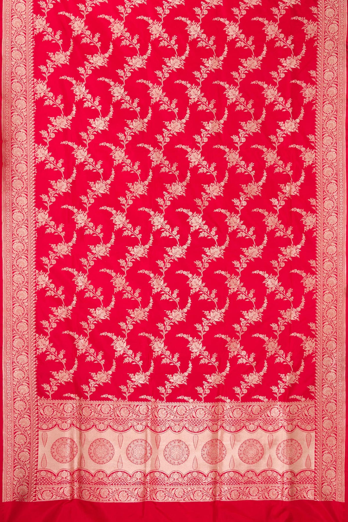 Flat view of Pure Silk Red Dual Tone Banarasi Saree with Zari Brocade on the body and Zari Border. 