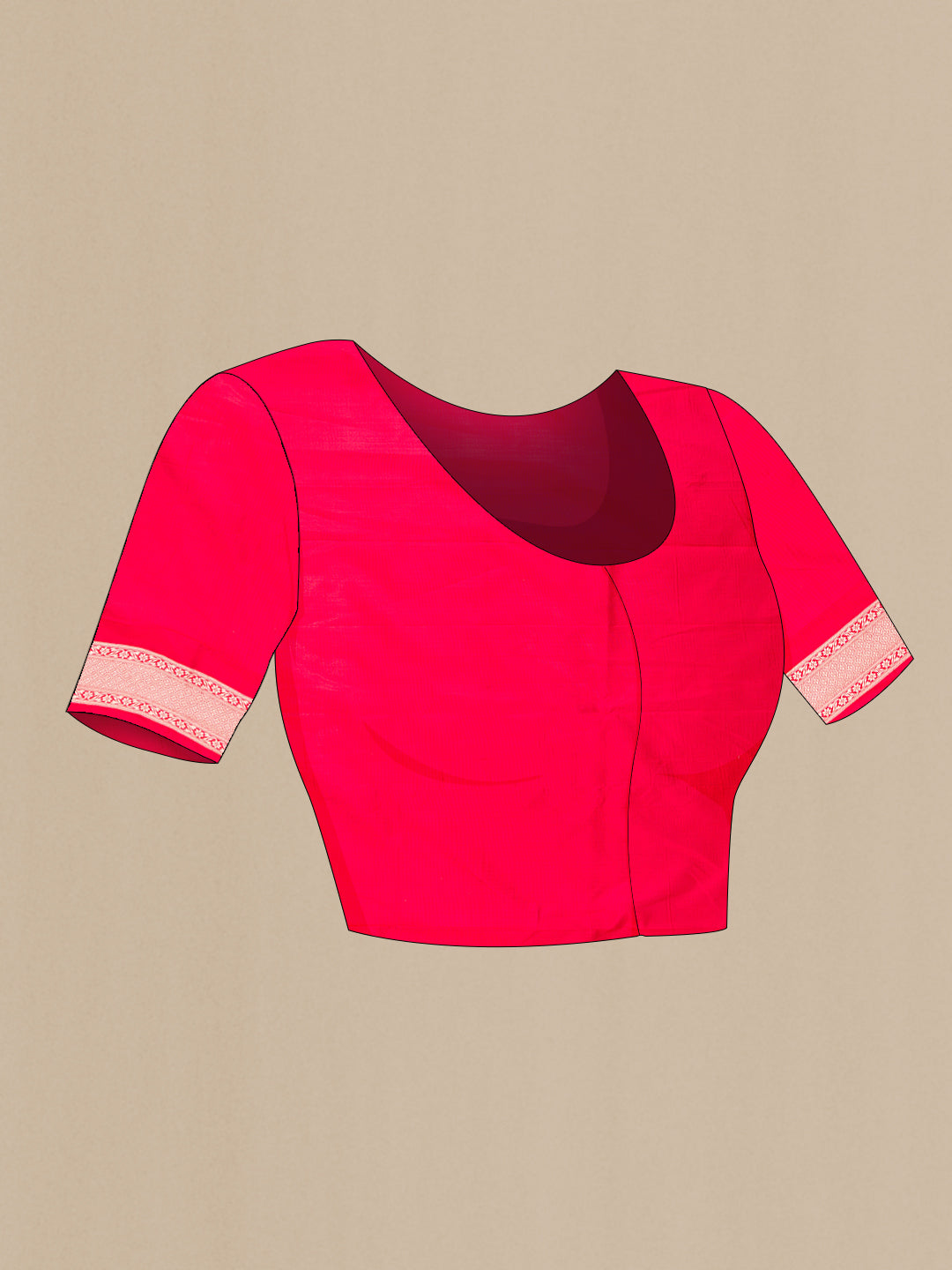 Close up image of the blouse of Pure Silk Red Banarasi Saree with Zari Butta on the body and Zari Border. 