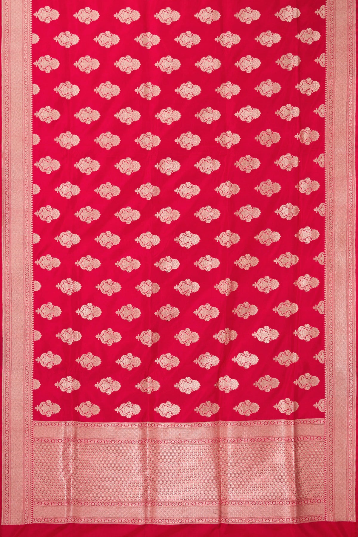 Flat view of Pure Silk Red Banarasi Saree with Zari Butta on the body and Zari Border. 
