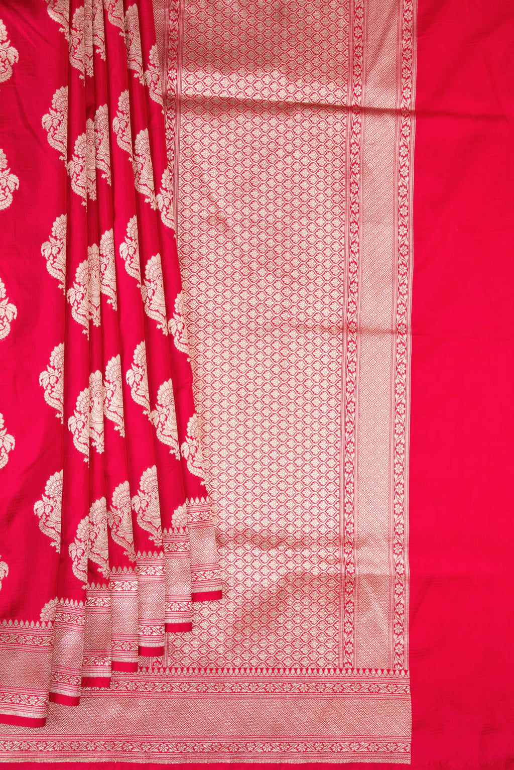 Pleats and pallu of Pure Silk Red Banarasi Saree with Zari Butta on the body and Zari Border. 