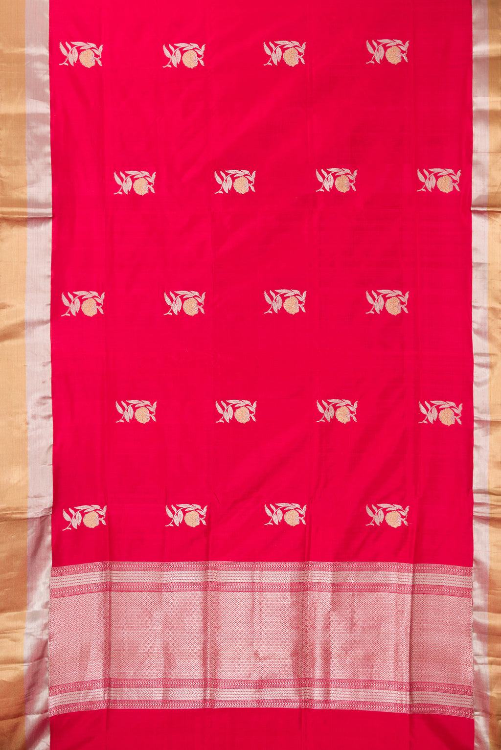Flat view of Pure Silk Red Dual Tone Banarasi Saree with Zari Butta on the body and Zari Border. 