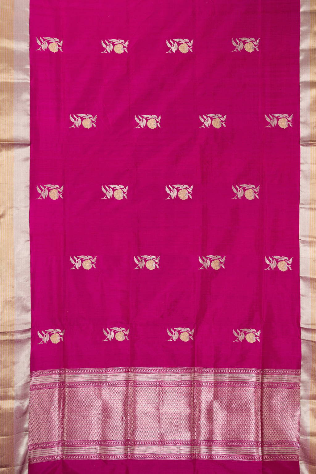 Flat view of Pure Silk Magenta Dual Tone Banarasi Saree with Zari Butta on the body and Zari Border. 
