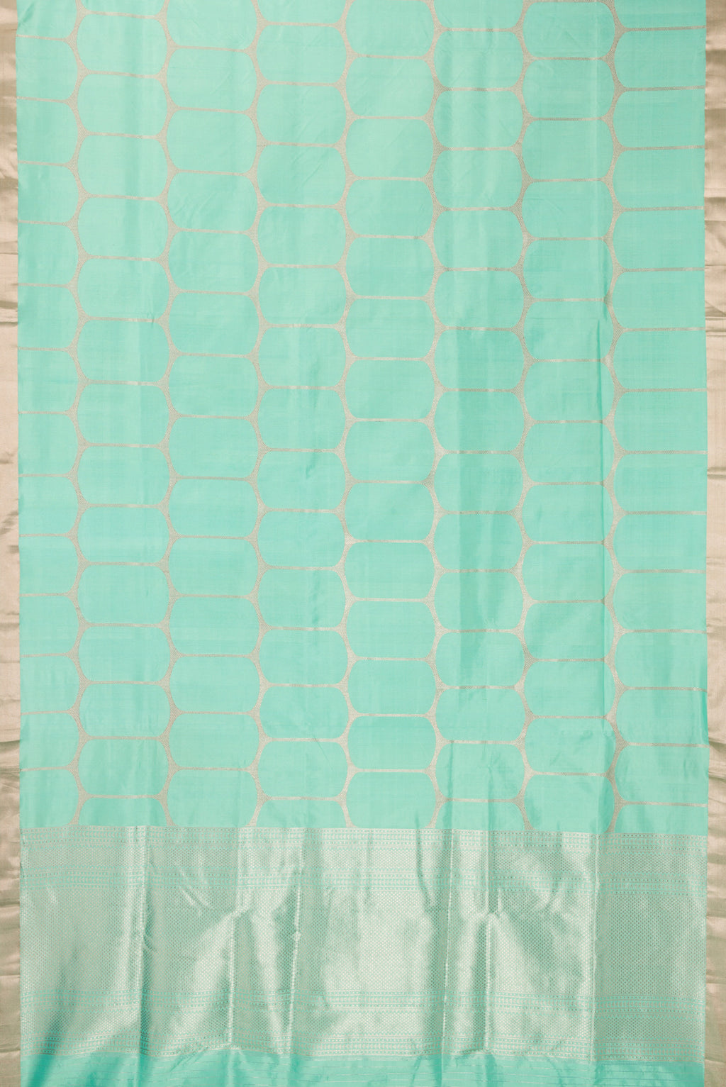 Flat view of Pure Silk Sea Green Banarasi Saree with Zari Brocade on the body and Zari Border. 