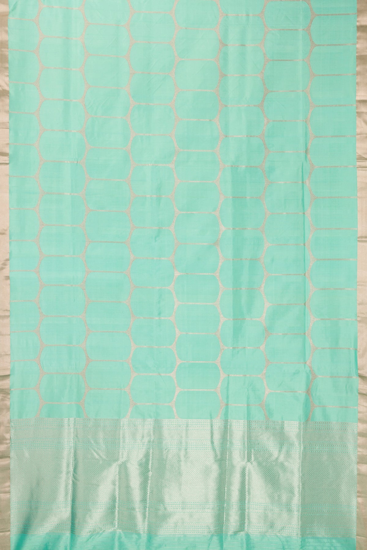 Flat view of Pure Silk Sea Green Banarasi Saree with Zari Brocade on the body and Zari Border. 