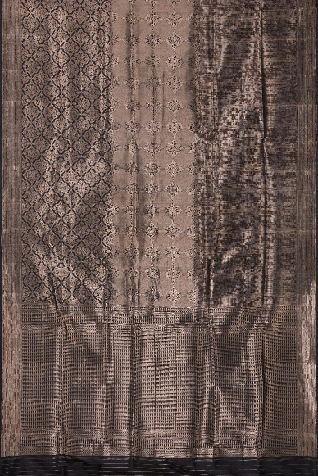 Flat view of Pure Silk Black Banarasi Saree with Zari Brocade on the body and Zari Border. 