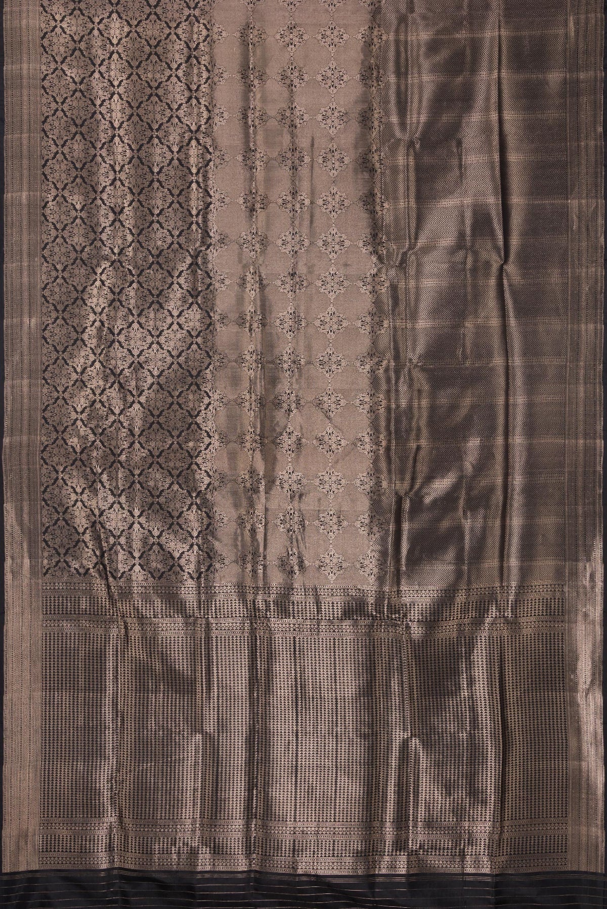 Flat view of Pure Silk Black Banarasi Saree with Zari Brocade on the body and Zari Border. 