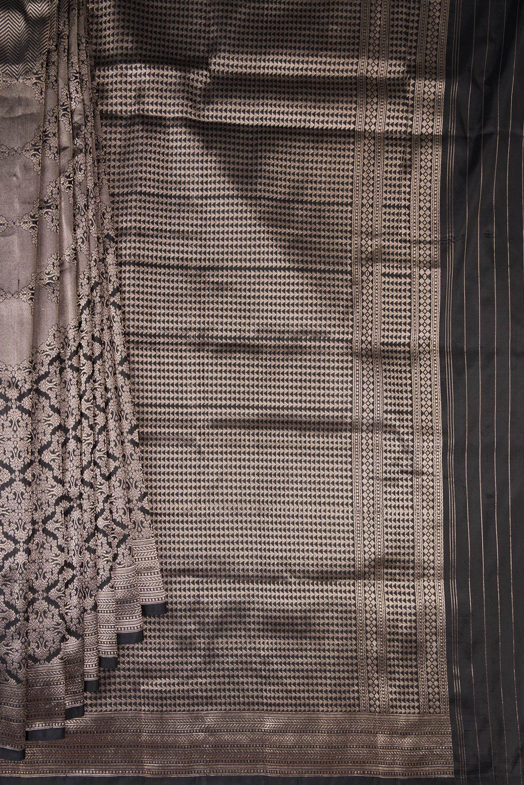 Pleats and pallu of Pure Silk Black Banarasi Saree with Zari Brocade on the body and Zari Border. 