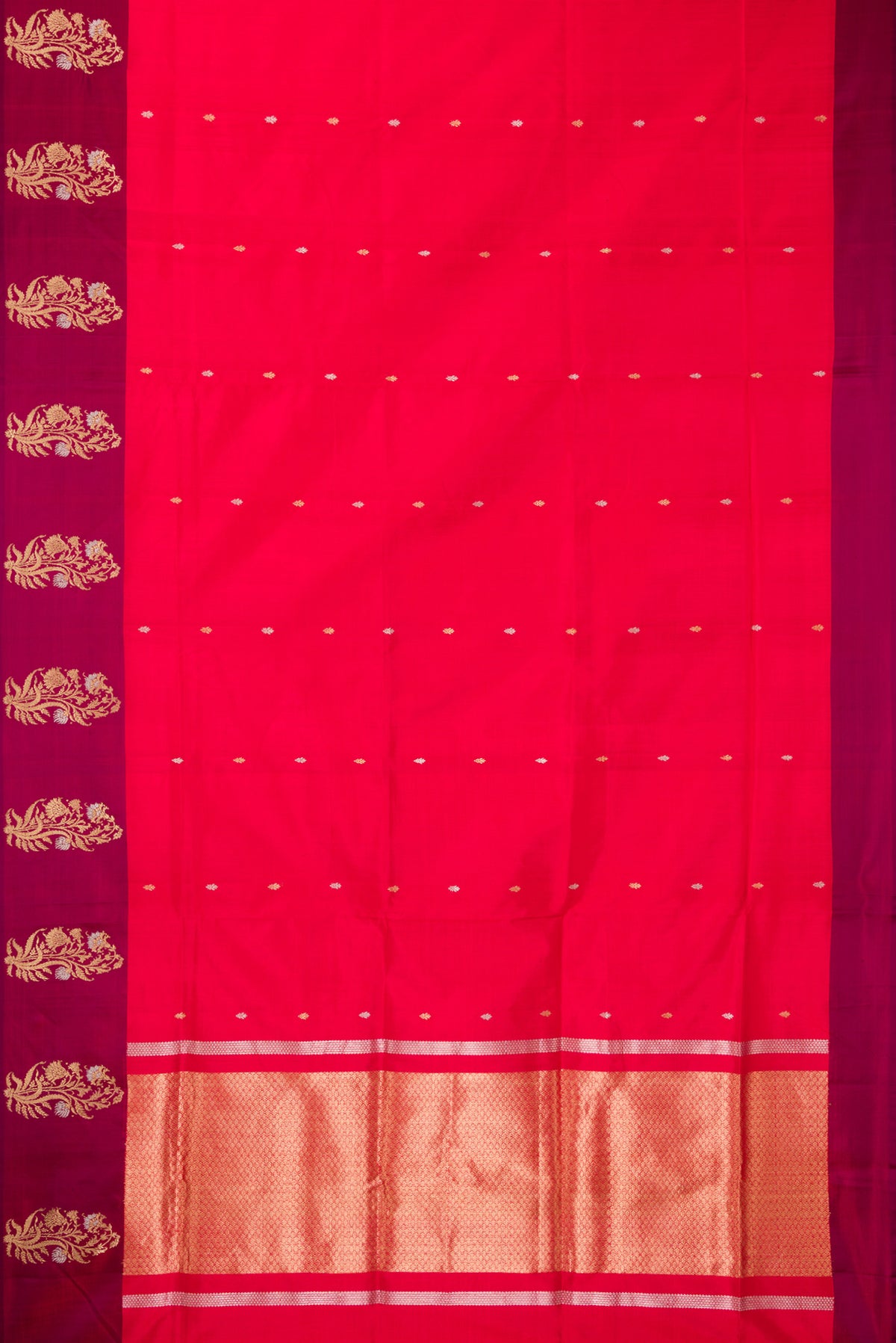 Flat view of Pure Silk Red Banarasi Saree with Zari Butta on the body and Fancy Border. 