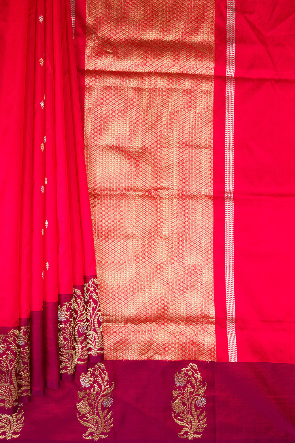 Pleats and pallu of Pure Silk Red Banarasi Saree with Zari Butta on the body and Fancy Border. 