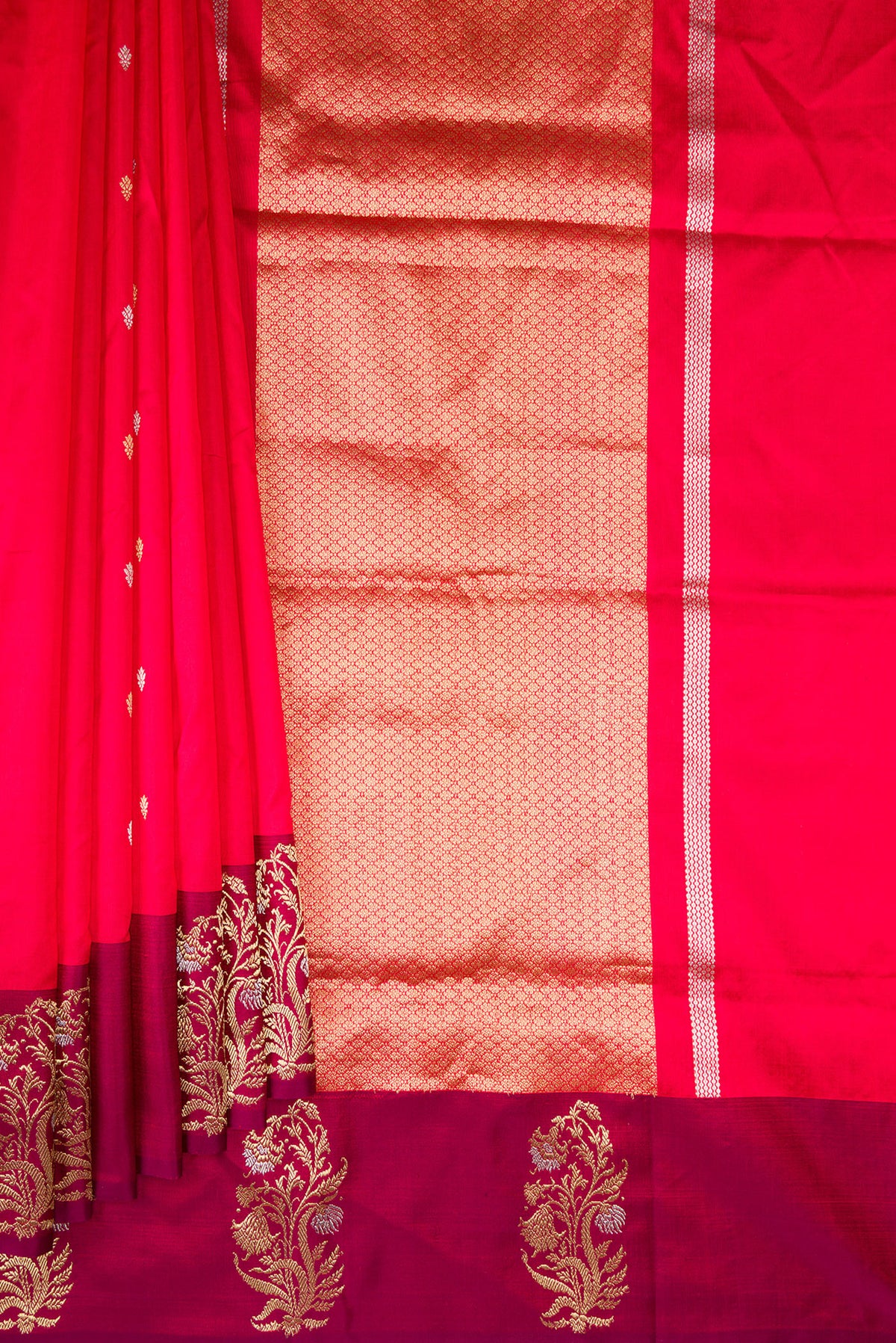 Pleats and pallu of Pure Silk Red Banarasi Saree with Zari Butta on the body and Fancy Border. 