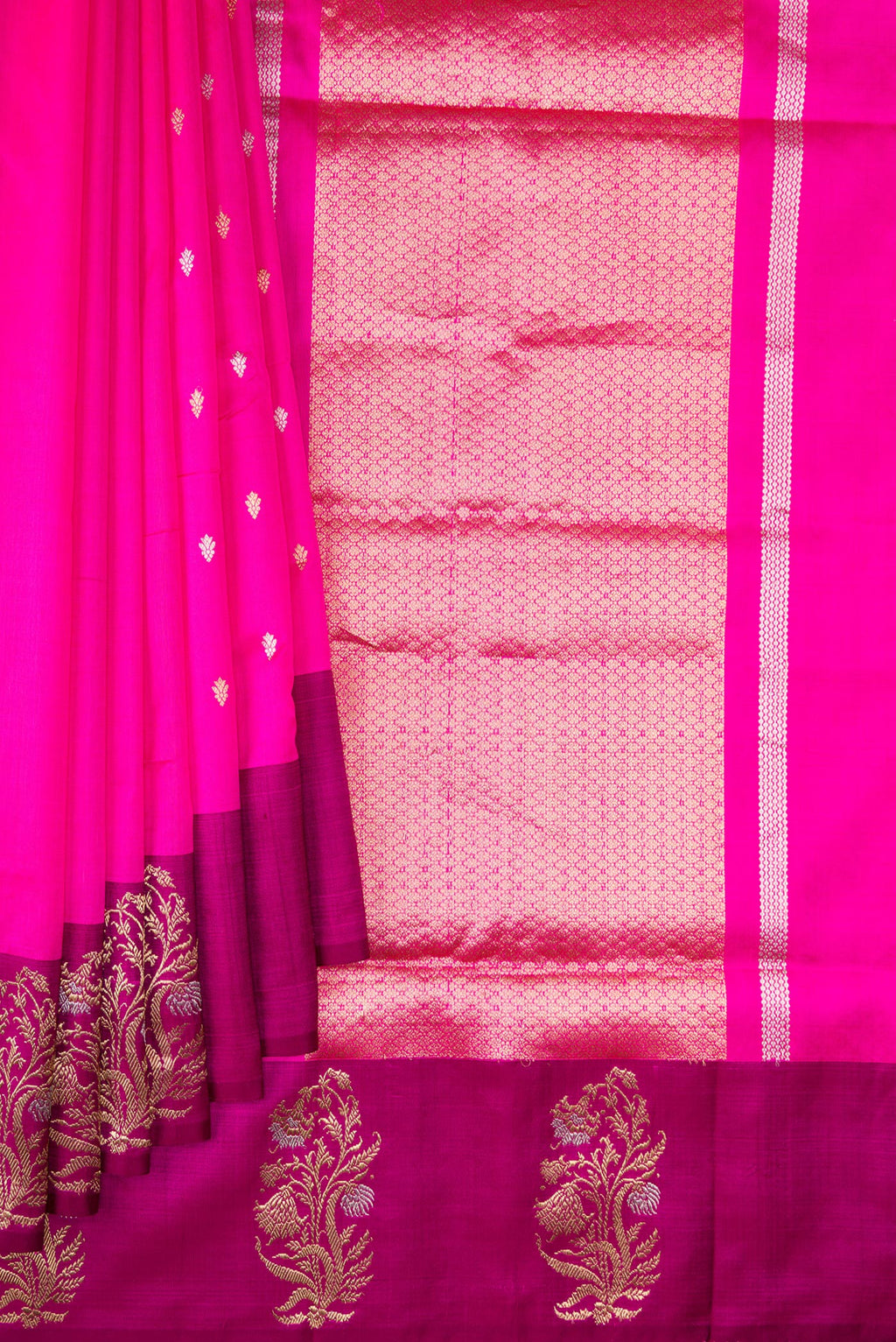 Pleats and pallu of Pure Silk Dark Pink Banarasi Saree with Zari Butta on the body and Fancy Border. 