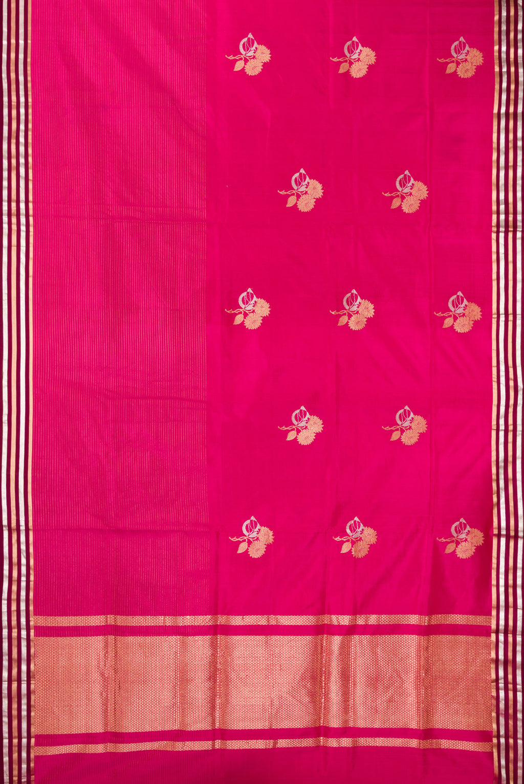 Flat view of Pure Silk Dark Pink Dual Tone Banarasi Saree with Zari Butta on the body and Fancy Border. 