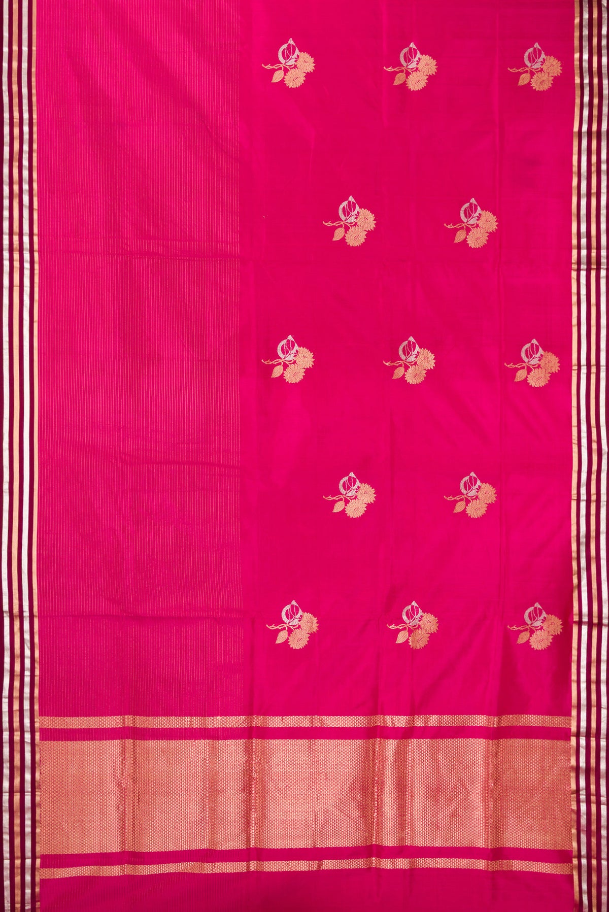 Flat view of Pure Silk Dark Pink Dual Tone Banarasi Saree with Zari Butta on the body and Fancy Border. 