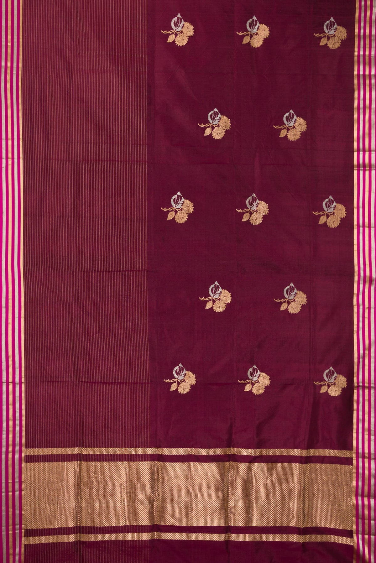 Flat view of Pure Silk Coffee Brown Dual Tone Banarasi Saree with Zari Butta on the body and Zari Border. 